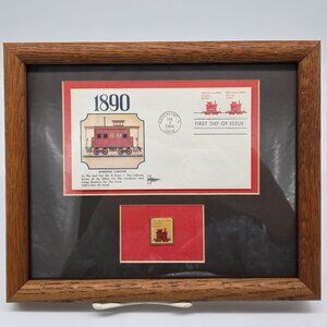 Framed 1984 Railroad Caboose First Day Envelope & Stamp - 1890 Design Oak Frame